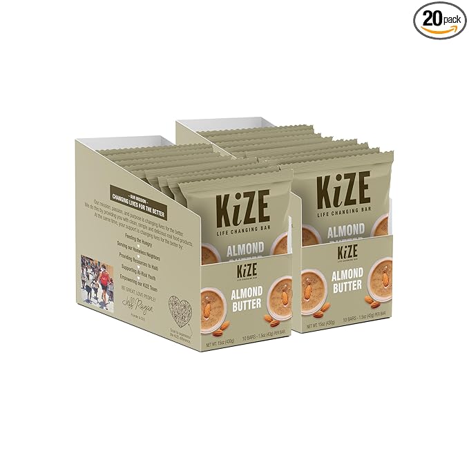 KiZE Energy Bars - Almond Butter - 20 Count - Almond-Butter-Based, Gluten Free, Non-GMO, and High Protein Meal Replacement Energy Bars, Clean and Simple Food Ingredients - 10g High Protein Snacks (20 Count)