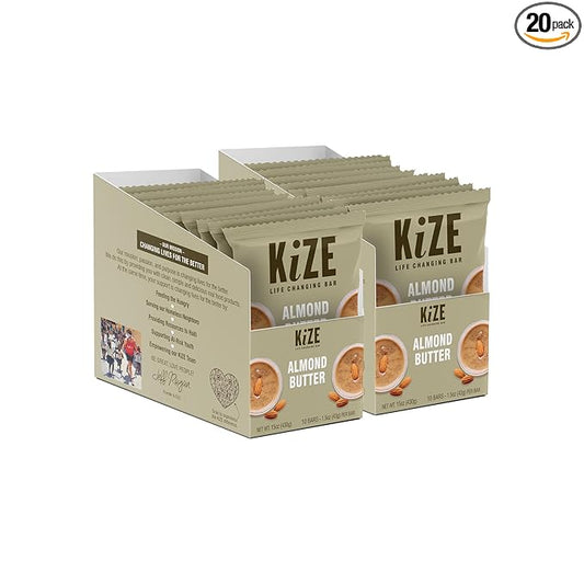 KiZE Energy Bars - Almond Butter - 20 Count - Almond-Butter-Based, Gluten Free, Non-GMO, and High Protein Meal Replacement Energy Bars, Clean and Simple Food Ingredients - 10g High Protein Snacks (20 Count)