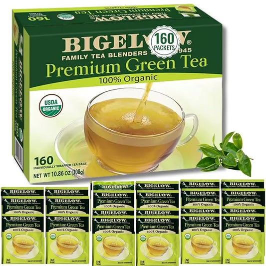 Premium Bigeloww Organic Green Tea 160 Count, Individually Wrapped Tea Bags - For Daily Wellness & Antioxidant Boost - Packaged for Freshness