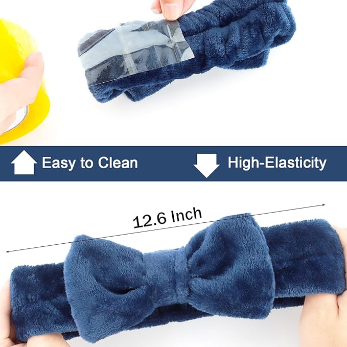 Ondder Spa Headband for Washing Face 8 Pack Navy Blue Skincare Headbands for Women Girls Terry Cloth Cute Bow Head Bands