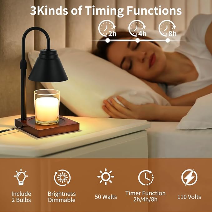 Candle Warmer Lamp with Timer Adjustable Height,Dimmable Candle Warmer for New Home Decor,Wax Warmer Lamp for Jar Candles with 2 Bulbs for Women Gift and House Warming Gift,Black