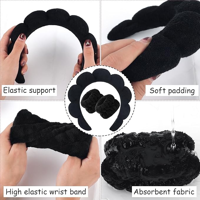 Zkptops Spa Headbands for Washing Face or Facial Sponge Makeup Skin Care Headband Wristband Set Towel Bubble Soft Sponge Hairband for Women Girls Puffy Winter Non Slip Thick Thin Hair Accessory(Black)