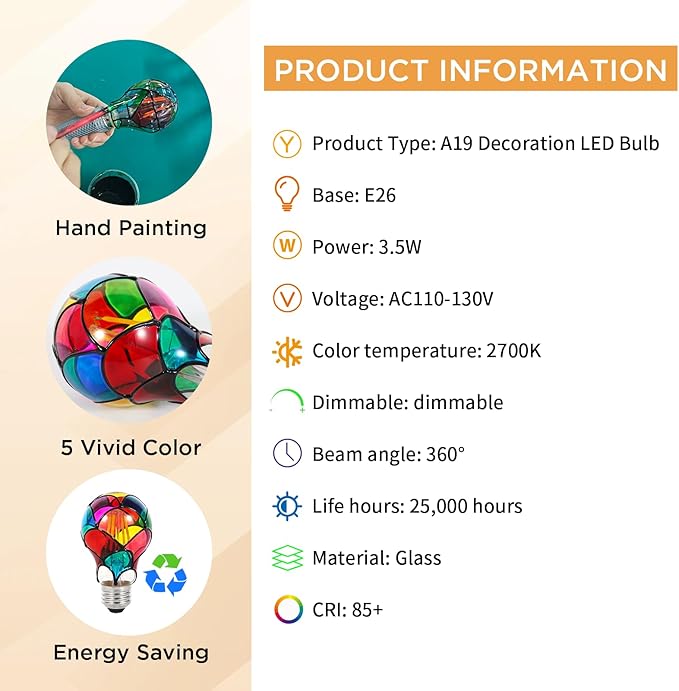 Dimmable Stained Glass LED Light Bulb,3.5W E26 Base A19/A60 Festive Atmosphere Color Bulb for Home Light,Party,Festive Decoration,2 Pack