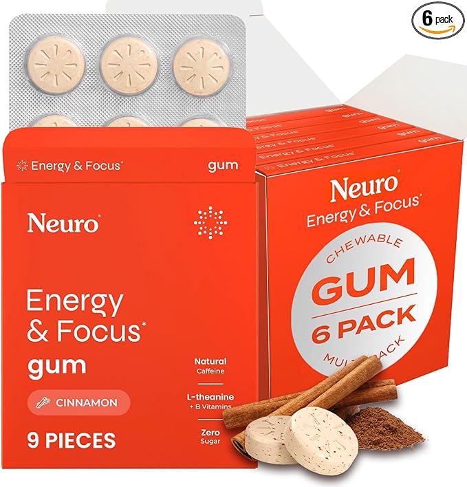 NeuroGum Energy & Focus Gum (54 Count-6 Pack, Cinnamon) | 40mg Natural Caffeine + L-Theanine + Vitamin B12 & B6 + Xylitol | Sugar Free Nootropic Cognitive Brain Performance Supplement
