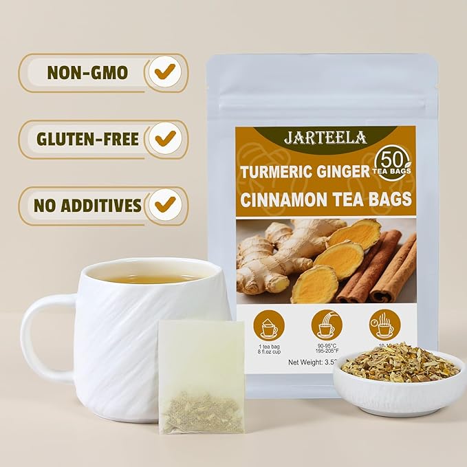 Jarteela - Turmeric Ginger Cinnamon Tea Bags - 2g x 50 Count - Premium Turmeric, Ginger, Cinnamon Herbal Tea Bags - Non-GMO - Caffeine-free - Support Overall Health