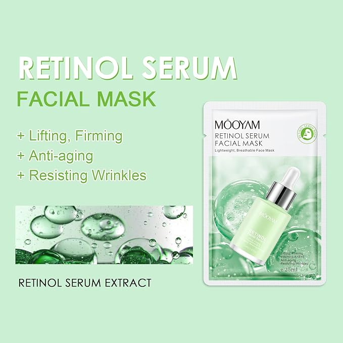 6 Pack Retinol Serum Sheet Masks,Facial Masks Skincare for Women,Hydrating & Moisturizing Face Masks for All Skin Types,Smooth,Nourishing,Lightweight