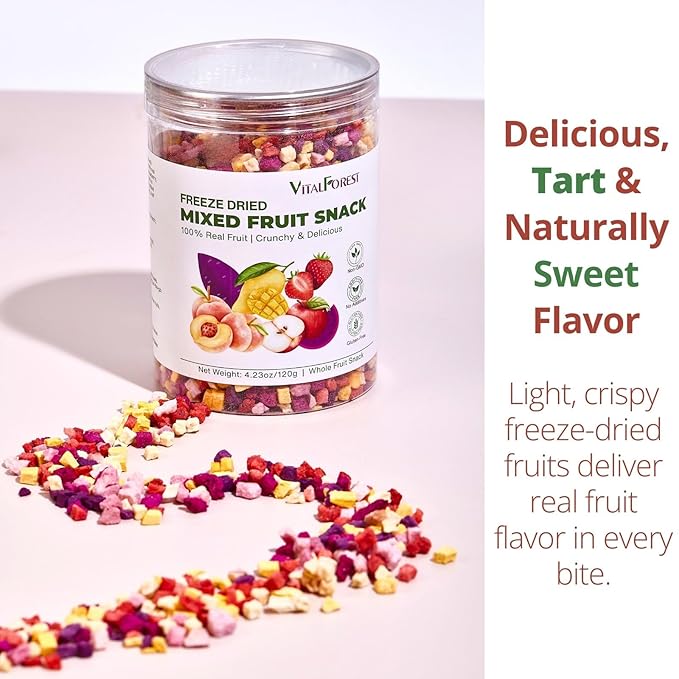 Freeze Dried Mixed Fruit Snacks - 4.23oz(120g) Crunchy Dried Fruit Mix with Strawberry, Dragon Fruit, Purple Sweet Potato, Mango, Peach, & Apple, Natural Healthy Dehydrated Fruits Snacks