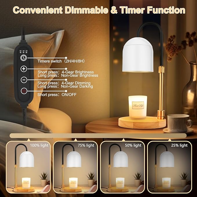 Candle Warmer Lamp with Timer & 3 Bulbs, Dimmable Electric Candles Light Adjustable Height and Brightness, Candle Wax Warmer for Jar Bedroom Home Decor House Warming Gift (Round White)