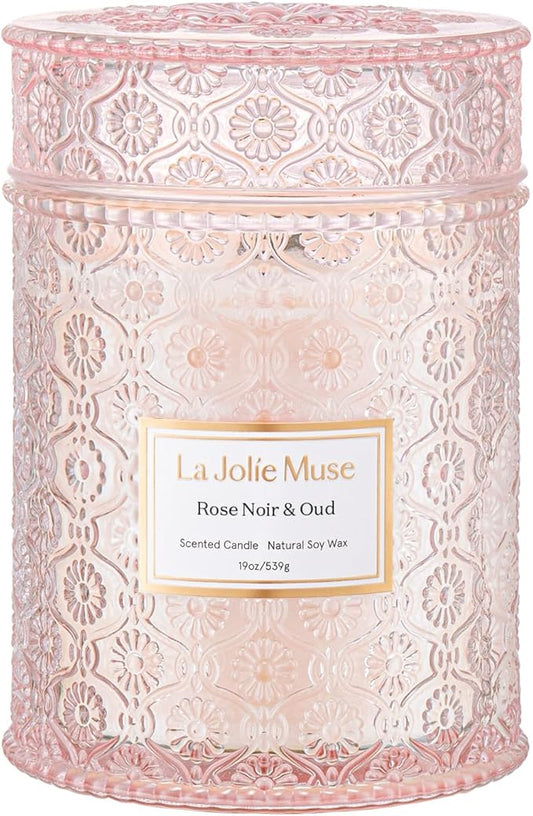 LA JOLIE MUSE Rose Noir & Oud Scented Candle – Lemon, Rose & Oud |19 oz Large Wooden Wick Candle | Natural Soy Wax | 90 Hours Clean Burn | Gift-Ready for Hosts & Gatherings | Elegant Home Décor
