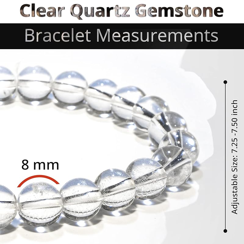 Clear Quartz Bracelet, Natural Healing Crystal Bracelet for Women and Men, 8mm Round Beaded Bracelet for Spiritual, Protection, Positive Energy, Elastic Adjustable Size Gemstone Bead Bracelet