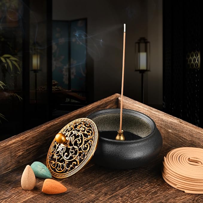 Ceramic Incense Burner with Incense Stick Holder,Use for Stick/Coil Incense,Sage, Mosquito Incense and Charcoal,Handmade for Cleansing House Negative Energy & Other Smudging Rituals (Black)
