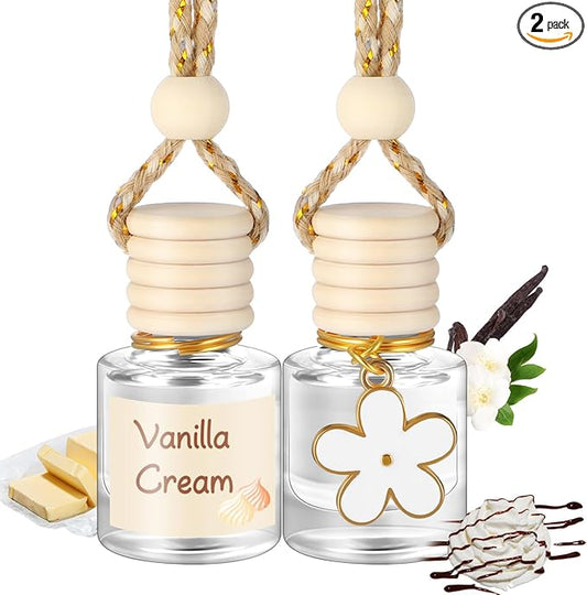 2 Sets Hanging Car Air Freshener and Essential Oil Diffuser, Car Air Freshener Daisy Essential Oil Diffuser Long Lasting Automobile Aromatherapy(White,Vanilla Cream)