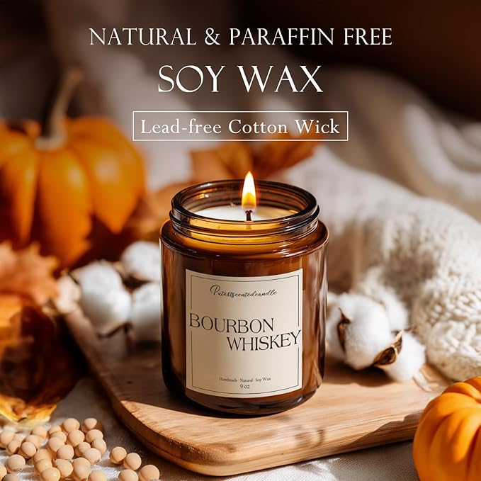 Bourbon Whiskey Scented Candle for Home, Natural Soy Wax Aromatherapy Non Toxic Candle Gifts for Women & Men, Handmade Highly Scented & Long Lasting Jar Candle for Stress Relief (9oz)