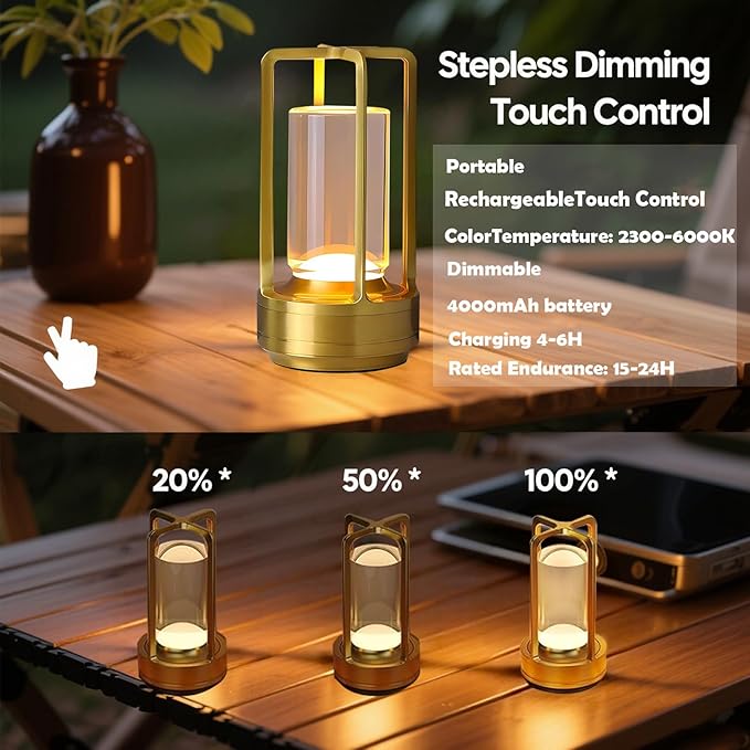 Crystal Lantern Lamp – 4000mAh Rechargeable Battery Operated Cordless Crystal Table Lamp with 3 Colors, Portable Desk Lamp for Indoor & Outdoor Patio, Camping, Restaurant (Gold)