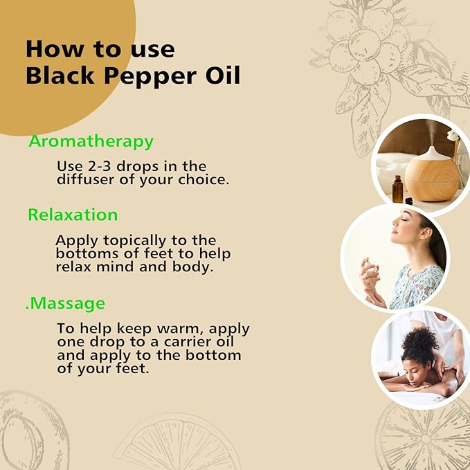 Black Pepper Essential Oil 1 Oz – 100% Pure Natural Black Pepper Oil for Diffuser, Massage, DIY Blends & Personal Care, Fresh Spicy Aroma
