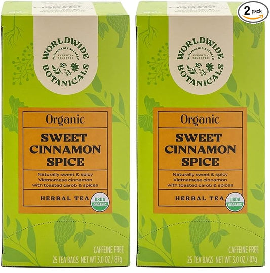 Worldwide Botanicals Sweet Cinnamon Spice Herbal Tea, 25 Tea Bags - Organic, Caffeine Free, Kosher, Naturally Sweet, 50% More Herbs (Pack of 2)