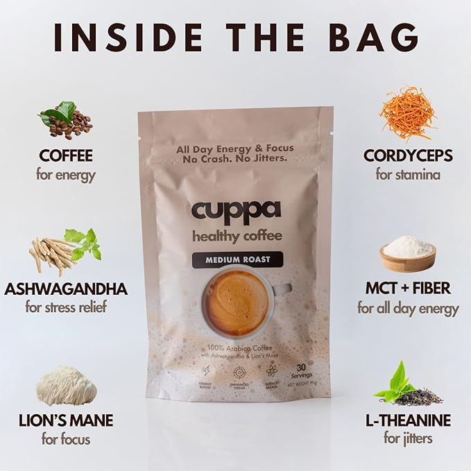 Cuppa Healthy Mushroom Insant Coffee with Lion's Mane & Ashwagandha for All Day Energy & Focus - No Crash or Jitters - Nootropics for Brain Health, Gut Health, Immunity, Stress, Memory + Mood - 60 Servings