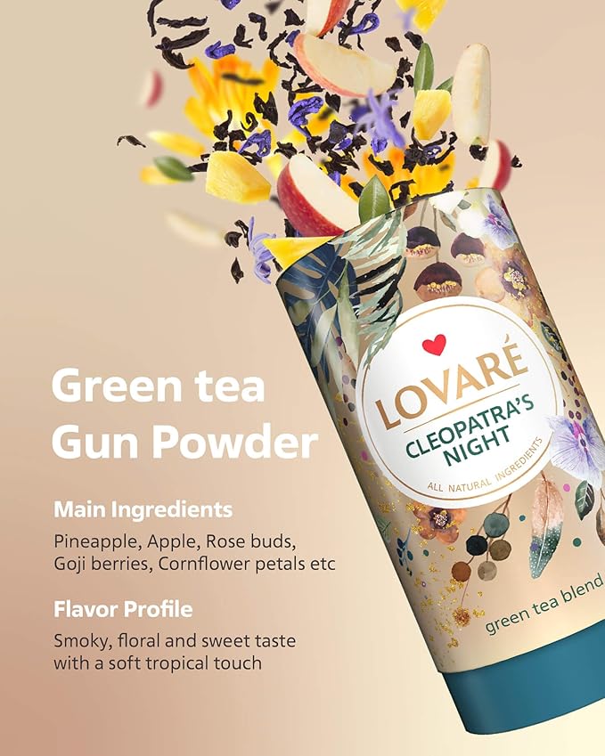 LOVARE Cleopatra’s Night Loose Leaf Tea Sampler 80 g – Made in Ukraine — Green Tea, Pineapple, Apple, Rose Buds and Petals, Calendula, Safflower, and More with 15 Paper Filters