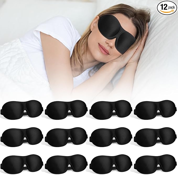 Bonuci 12 Pack Sleep Mask Blackout 3D Eye Mask for Ultralight Sleeping Night Blindfold Eye Covers with Adjustable Strap for Men Women Travel Gift Back and Side Sleeper (Black)