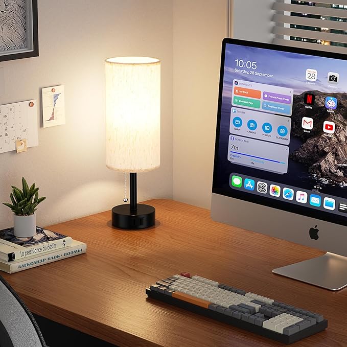 Fenmzee Bedside Table Lamp for Nightstand - 3 Color Temperatures Pull Chain Lamp with AC Outlet Charging Port, Round Night Stand Light for Bedroom Living Room, Small Bed Side Light with E26 LED Bulb