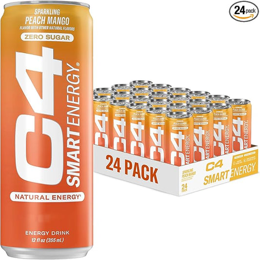 C4 Smart Energy Drink - Sugar Free Performance Fuel & Nootropic Brain Booster, Coffee Substitute or Alternative | Peach Mango Nectar 12 Oz - 24 Pack