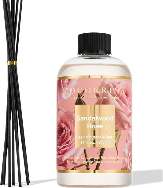 Cocorrína Reed Diffuser Refill Sandalwood Rose 17oz (500ml) with 8 Sticks - Premium Long-Lasting Floral Essential Oil, Home Fragrance for Bedroom, Bathroom Home Decor