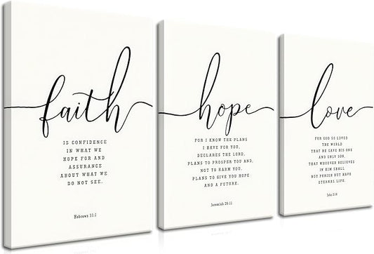 Farmhouse Bible Verses Wall Decor for Living Room - Minimalist Christian Scripture Wall Art Set of 3, Faith Hope Love Canvas Prints Religious Decor for Bedroom Office 16x24 inch Framed
