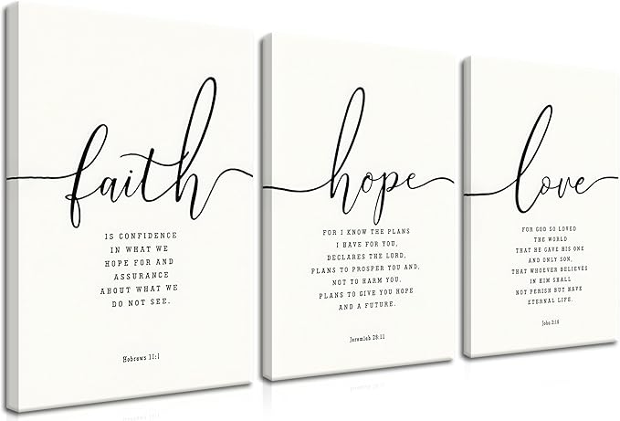 Farmhouse Bible Verses Wall Decor for Living Room - Minimalist Christian Scripture Wall Art Set of 3, Faith Hope Love Canvas Prints Religious Decor for Bedroom Office 12x16 inch Framed
