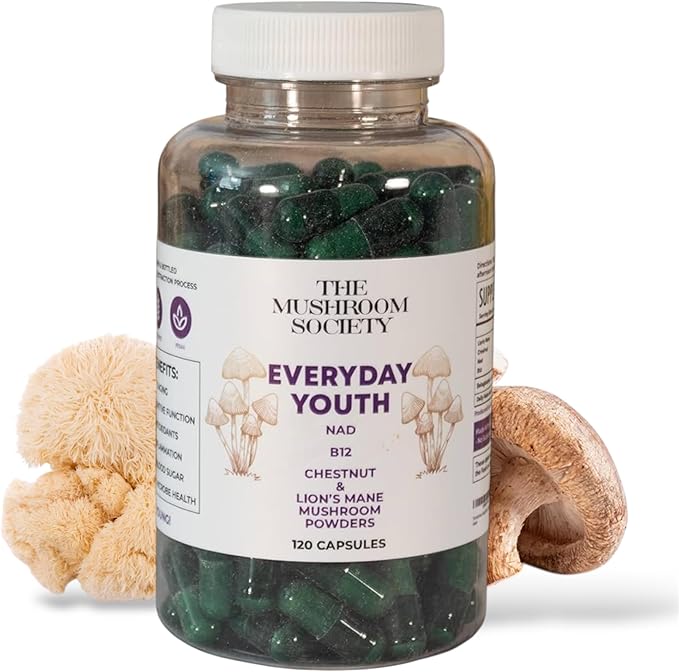 Everyday Youth - Anti-Aging Supplement - Brain & Cellular Energy Formula – Lion’s Mane, Chestnut, NAD, B12 + Beta-Glucans - 120 Vegan Capsules