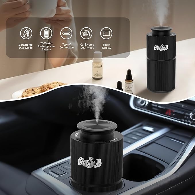 Smart Waterless Diffuser, Waterless Diffusers for Essential Oils with Timer & 3 Mist Levels, Super Silent Aromatherapy Essential Oil Diffuser Battery Operated for Car, Home, Office Black