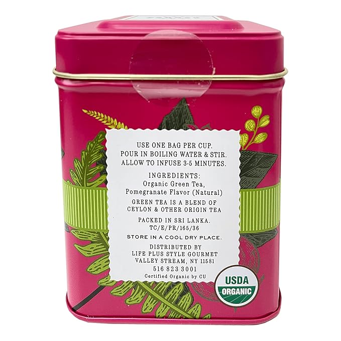 Organic Pomegranate Ceylon Green Tea - 50 Packets - Natural Antioxidant Rich Herbal Leaf Teabags - USDA Certified 100% Non-GMO - Caffeinated Designer Gift Tin