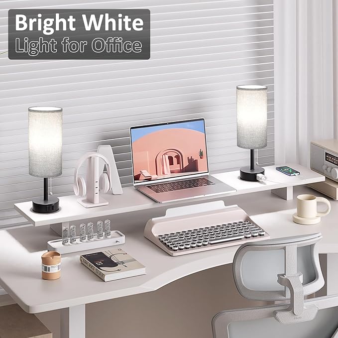 Fenmzee Grey Bedside Table Lamps Set of 2-3 Color Temperatures Pull Chain Lamp with AC Outlet Charging Port, Round Night Stand Lamps for Bedroom Office, Small Bed Side Light with E26 LED Bulbs