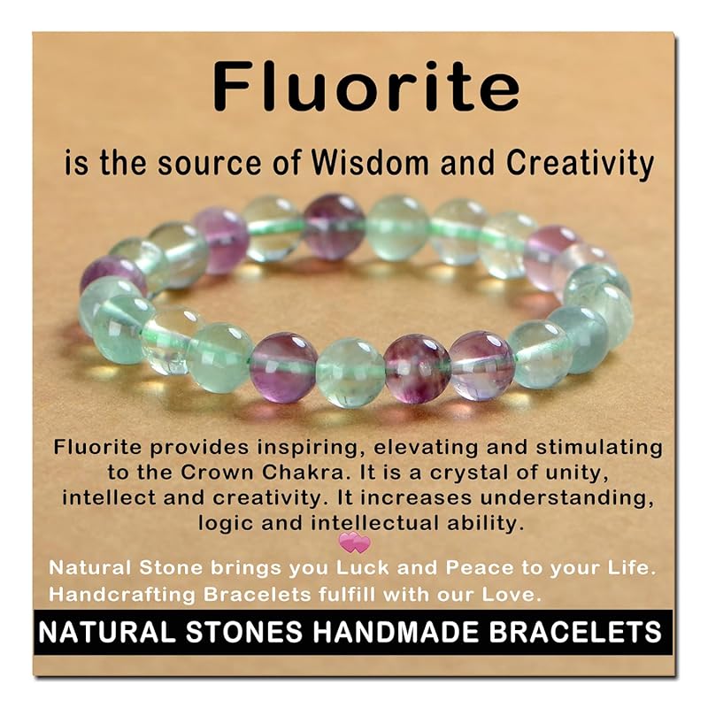 AD Beads Handmade Gemstone Stretch Elastic Bracelet Crystal Healing Reiki Nature's Beauty and Spiritual Essence Unisex (8mm, Fluorite)