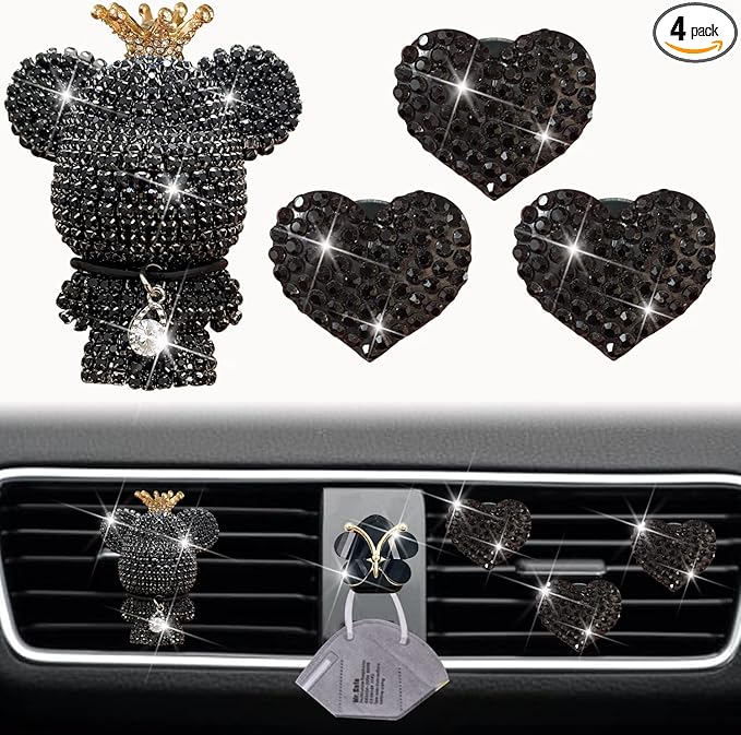 Black Heart & Bear Air Vent Clips, 4 Pcs Bling Heart Car Air Fresheners Diamond Car Diffuser Car Interior Decor Charm Cute Car Accessories Car Decoration for Women + Cute Butterfly Mask Hook