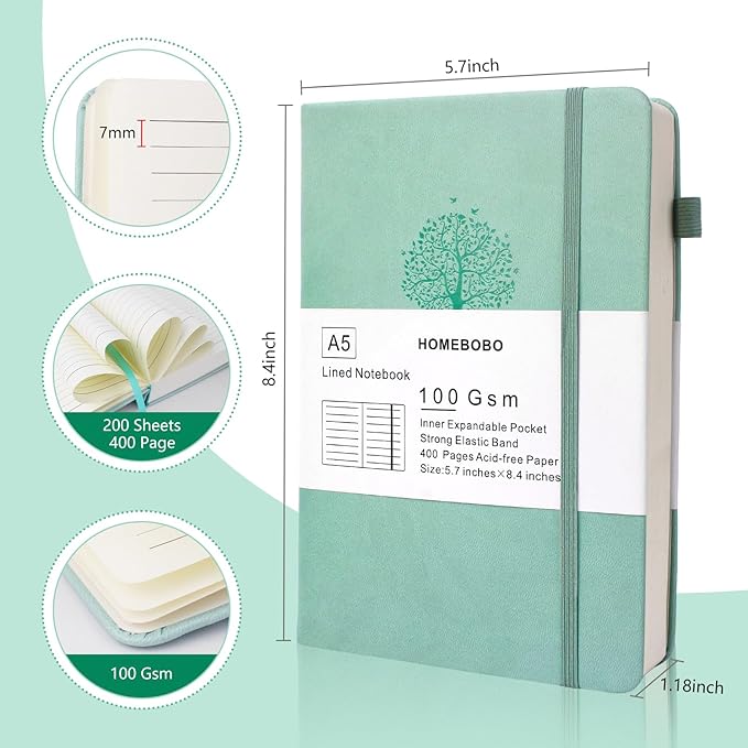 Journals for Writing, A5 Leather Ruled Notebook with 400 Pages, 100 Gms College Ruled Journal with Thick Paper, Hardcover with Inner Pocket & Pen Holder, Bluish Green