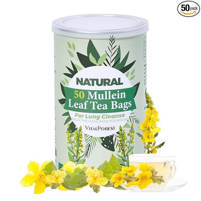 50 Mullein Tea Bags for Lungs, VitalForest 100% Pure Mullein Leave Tea, Lung Detox Cleanse Mullen Tea for Smokers Breathe Deep and Respiratory Support, Caffeine Free Mullin