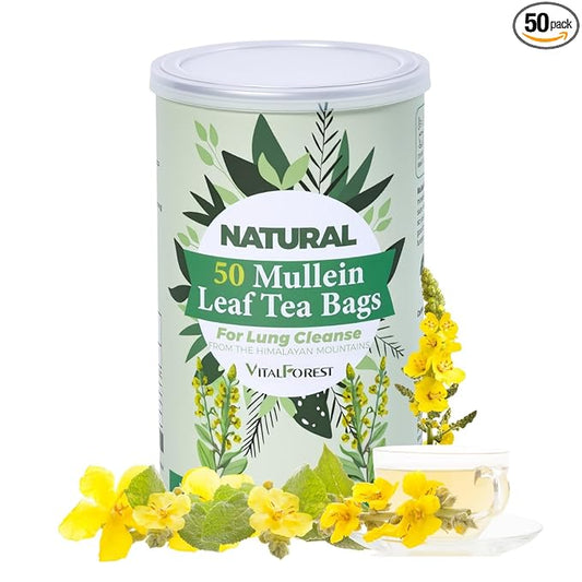 50 Mullein Tea Bags for Lungs, VitalForest 100% Pure Mullein Leave Tea, Lung Detox Cleanse Mullen Tea for Smokers Breathe Deep and Respiratory Support, Caffeine Free Mullin