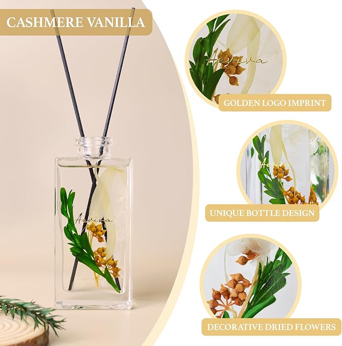 Flower Reed Diffuser Set, 5 oz Cashmere Vanilla Scent Diffuser with Sticks, Home Fragrance Scented Oil Reed Diffusers for Home, Bathroom, Decor & Gift