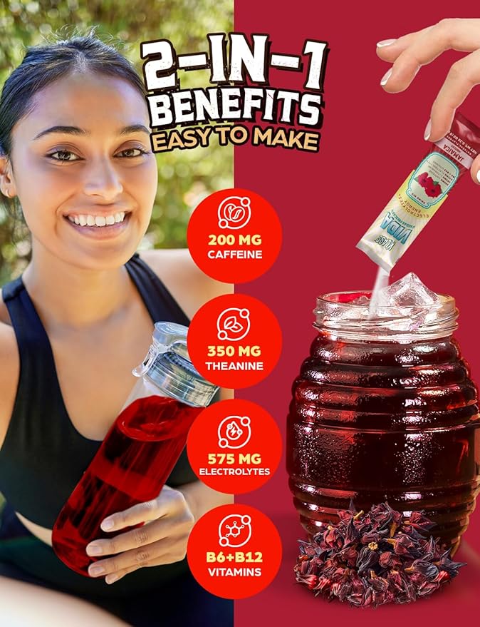 Hydration + Energy Electrolyte Drink Mix – Hibiscus Agua Fresca Flavor | Sugar-Free Powder with Caffeine, L-Theanine, Coconut Water & Minerals | 15 Single-Serve Stick Packs, Low Calorie