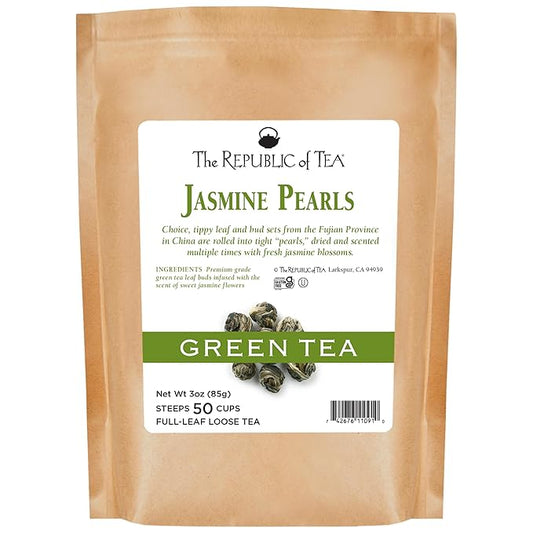 The Republic of Tea Jasmine Pearls Full-Leaf Loose Green Tea | 3.0 Ounce Refill Bag | Steeps 50 Cups