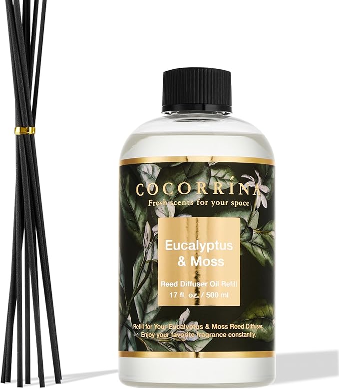 Cocorrína Reed Diffuser Refill Eucalyptus & Moss 17oz (500ml) with 8 Rattan Sticks - Premium Long-Lasting Essential Oil, Home Fragrance for Bedroom, Bathroom Home Decor