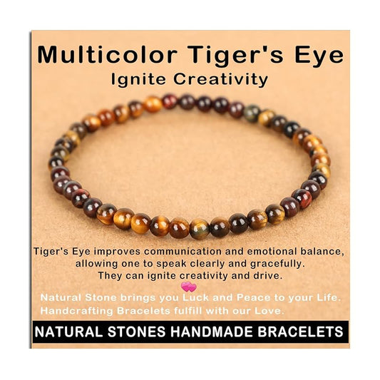 AD Beads Handmade Gemstone Stretch Elastic Bracelet Crystal Healing Reiki Nature's Beauty and Spiritual Essence Unisex (4mm, Multicolor Tiger's Eye (Ignite Creativity))