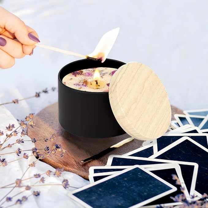 ABK 24PCS 4oz Black Candle Tins With Wood Grain Lids, Matte Jars for Candle Making, Empty Metal Container