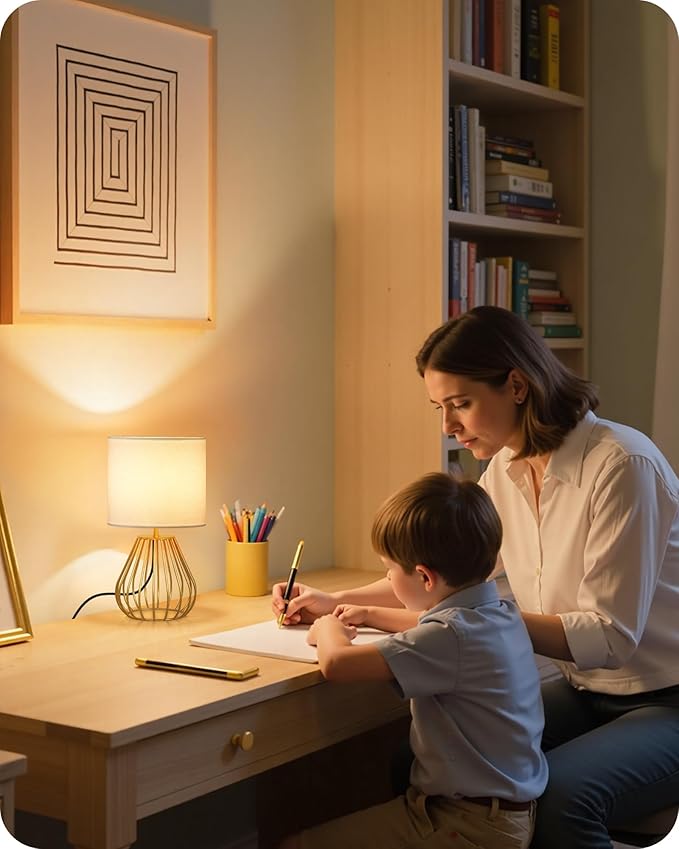 Bedside Table Lamp, Small Table Lamp with Teardrop Cage Linen Lampshade, Modern Nightstand Lamp, Small Cute Desk Lamp for Bedroom, Living Room, 2700K LED Bulb Included, Gold DCW06TL05