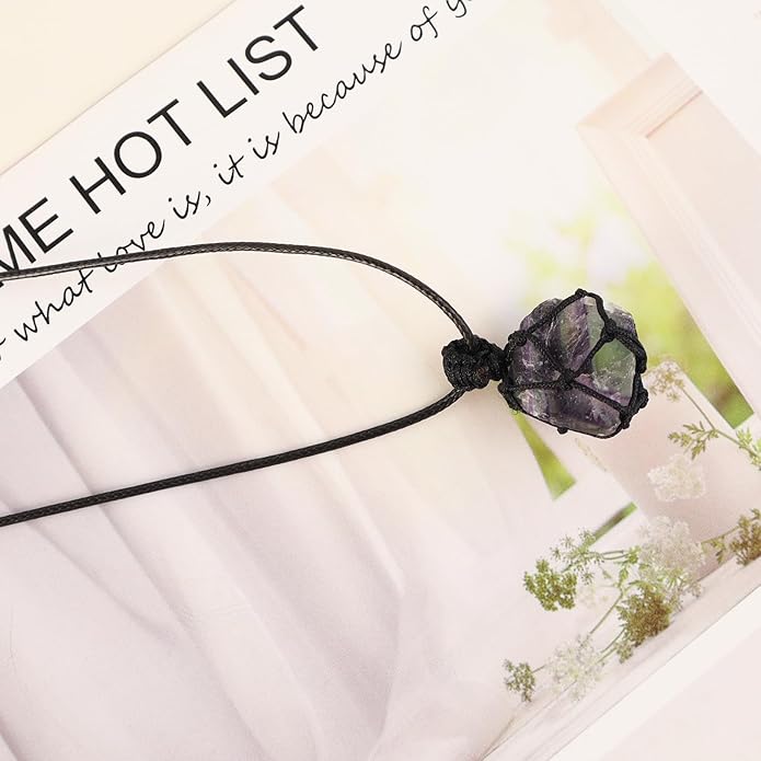 Handmade Natural Gemstone Crystal Pendant Necklace Stone Holder Necklace Cord Net Necklace with Adjustable Length for Women Men