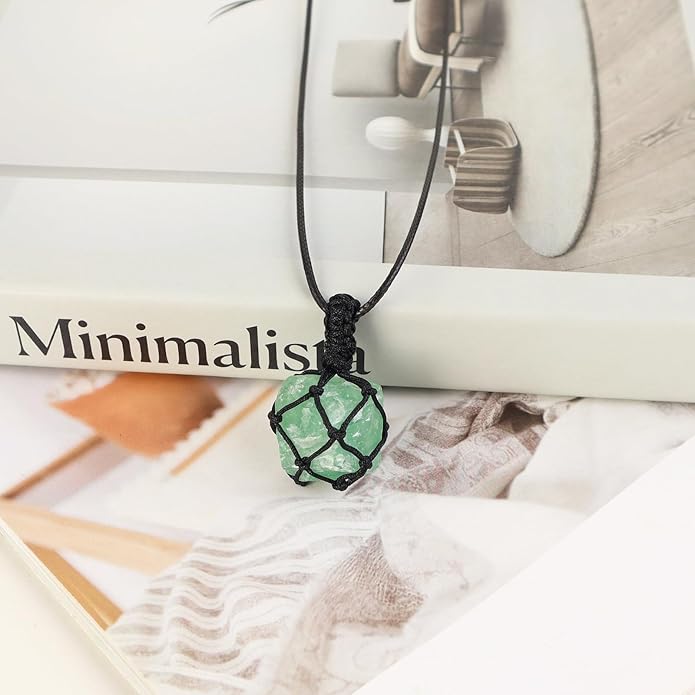 Handmade Natural Gemstone Crystal Pendant Necklace Stone Holder Necklace Cord Net Necklace with Adjustable Length for Women Men