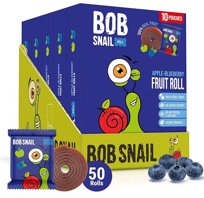 Bob Snail Fruit Roll Ups – Healthy Sweets Snacks, Real Dried Fruits, No Added Sugar, Vegan, Nut Free, Candy for Adults, Kids, with Apple-Blueberry – Bulk 50 pcs Rolls, 500g