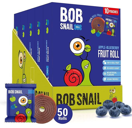 Bob Snail Fruit Roll Ups – Healthy Sweets Snacks, Real Dried Fruits, No Added Sugar, Vegan, Nut Free, Candy for Adults, Kids, with Apple-Blueberry – Bulk 50 pcs Rolls, 500g