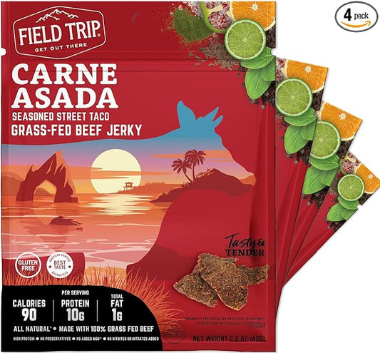 Field Trip Grass Fed Beef Jerky, Healthy Gluten Free Snacks, All Natural, High Protein, Low Carb Snack with No Nitrates, 2.2oz, 4 Pack, Carne Asada