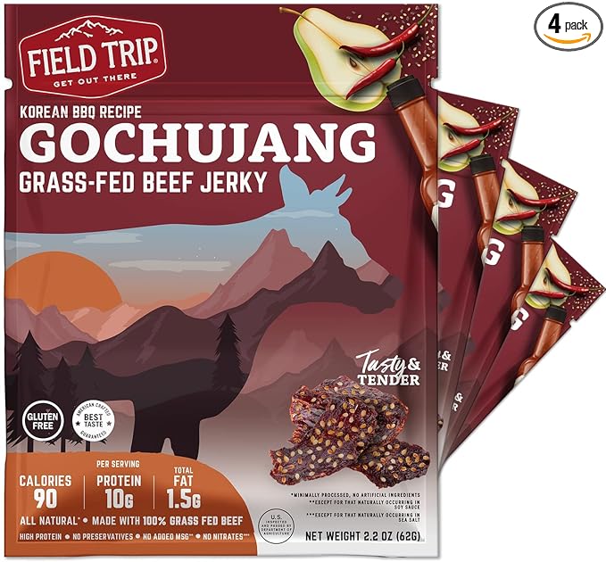 Field Trip Grass Fed Beef Jerky, Healthy Gluten Free Snacks, All Natural, Paleo-Friendly Beef Jerky, High Protein, Low Carb Snack with No Nitrates, 2.2oz Bag, 4 Pack, Gochujang Korean BBQ